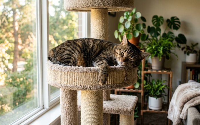 Relaxed tabby cat resting on a tall cat tree perch beside a bright window