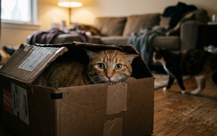 Stressed cat hiding inside a cardboard box at home