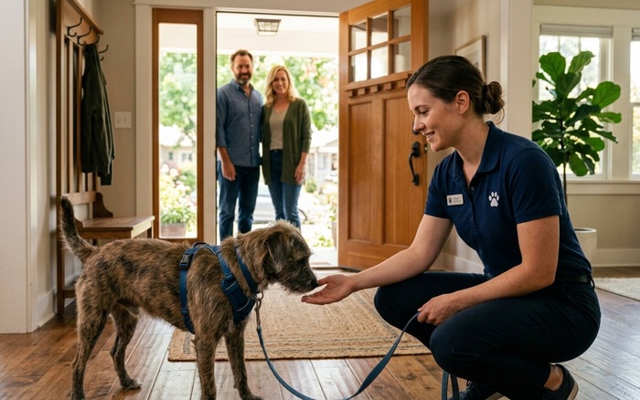 Pawsides sitter greeting a dog at the door