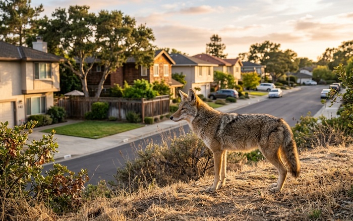 Coyote spotted at the edge of a Bay Area neighborhood at dusk