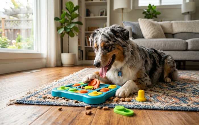 Dog working on a puzzle feeder toy
