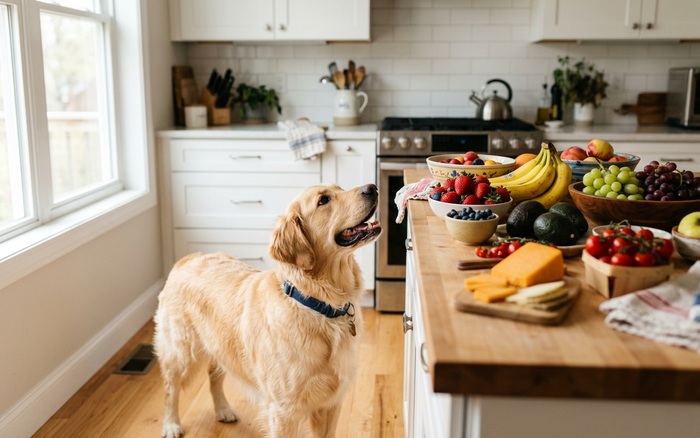 Curious dog looking up at a kitchen counter with fruits and vegetables