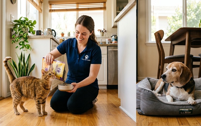 Pawsides sitter pouring kibble for a cat while a beagle watches from a dog bed