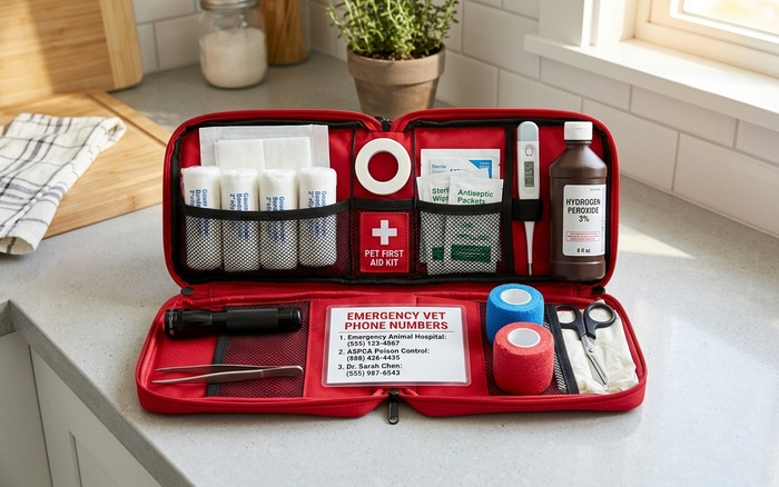 A well-stocked pet first aid kit with emergency supplies and vet contact numbers