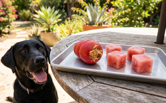 Frozen peanut butter Kong and watermelon pupsicles on a tray next to a waiting dog