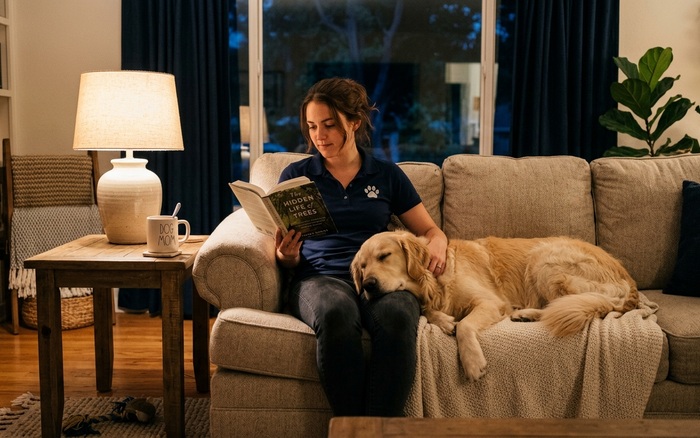 Pet sitter reading on the couch in the evening with a relaxed golden retriever asleep beside her