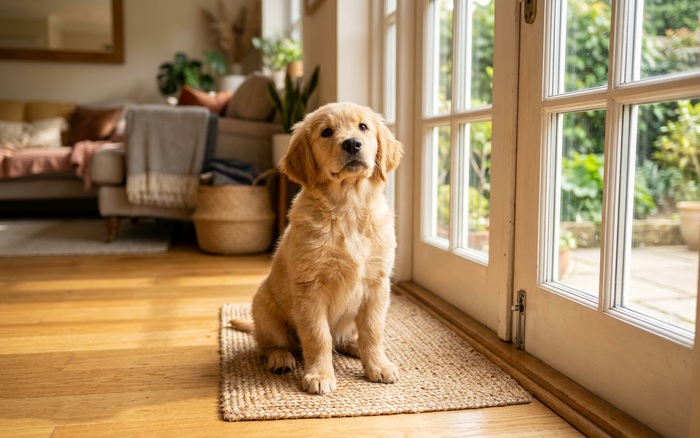 Puppy sitting by the back door, ready to go outside