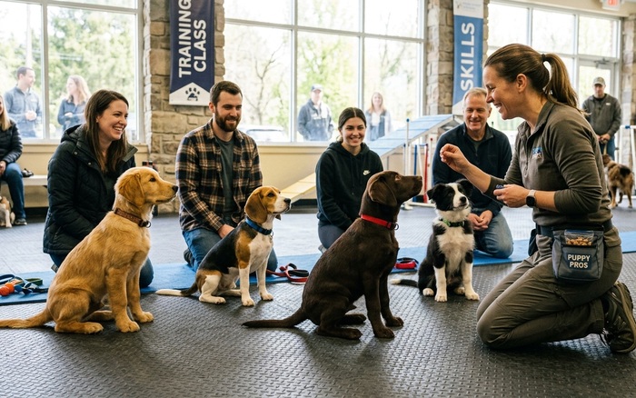 Puppy training class: young dogs practicing sit with their owners in a bright indoor studio