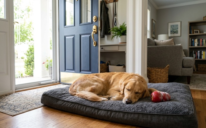 Dog resting calmly near the front door with enrichment toys — the goal of separation anxiety training