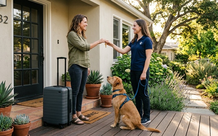 Pet owner handing key to Pawsides sitter before a trip