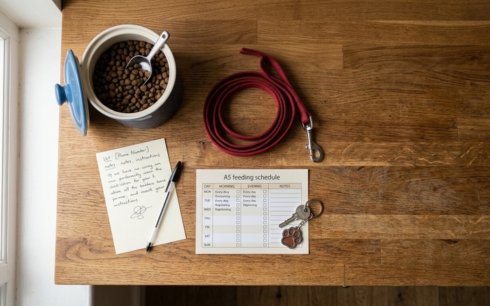 Pet sitter information kit laid out on a kitchen counter: spare key, vet contact card, written feeding instructions, and dog food