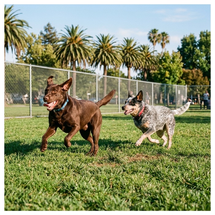 Dogs playing in the off-leash run at Las Palmas Park