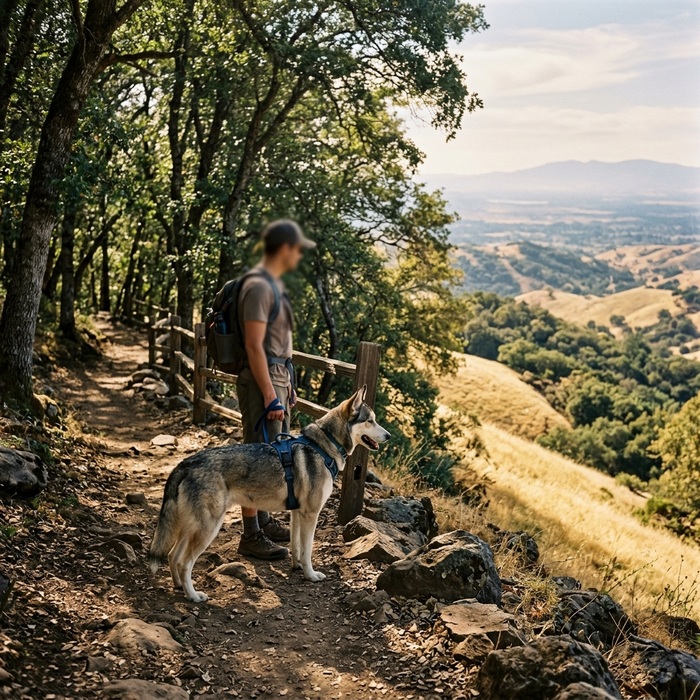 Dog hiking an oak-shaded trail at Rancho San Antonio