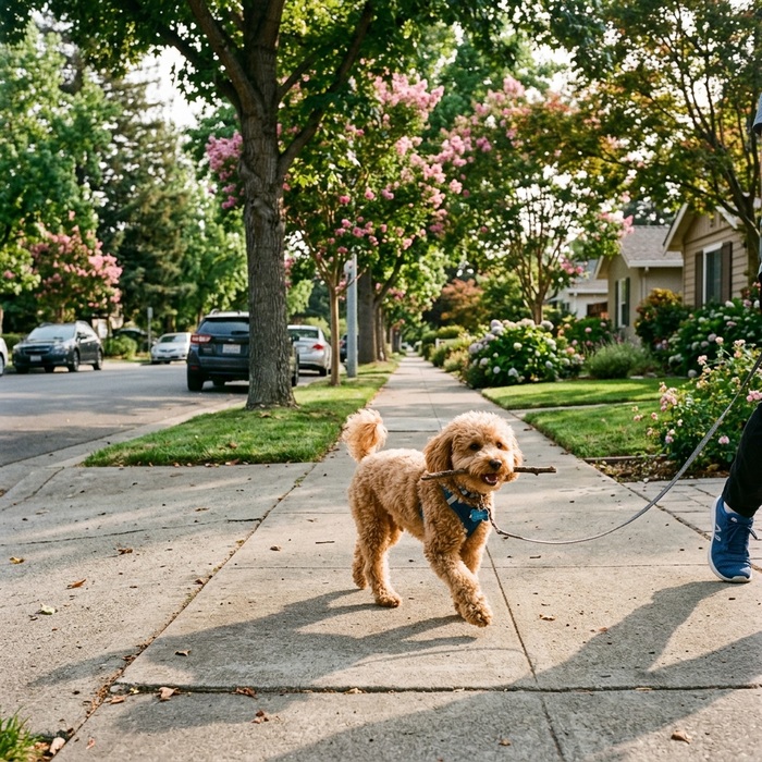 Dog trotting down a quiet tree-lined Cupertino sidewalk