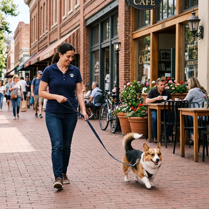 Dog walking past shopfronts on Murphy Avenue in downtown Sunnyvale