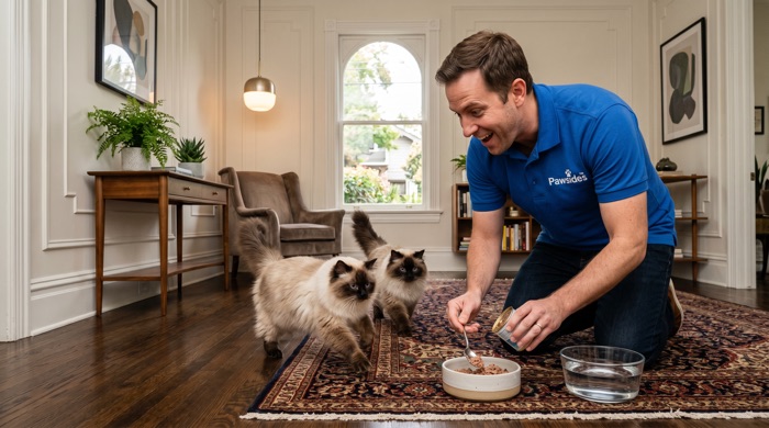 Feeding cats during a drop-in visit
