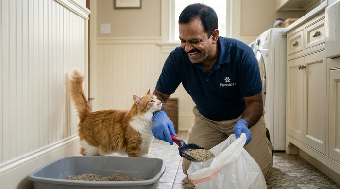 Cat care and litter cleaning at home